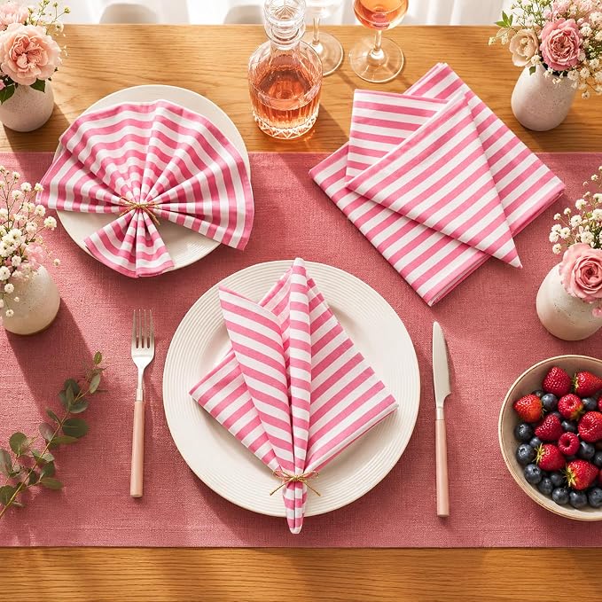 Funnymoom 12 Pcs Pink and White Striped Cloth Napkins Reusable Napkins Party Dinner Soft Absorbent for Home Table Decoration Holiday Party Kitchen Supplies - Image 2