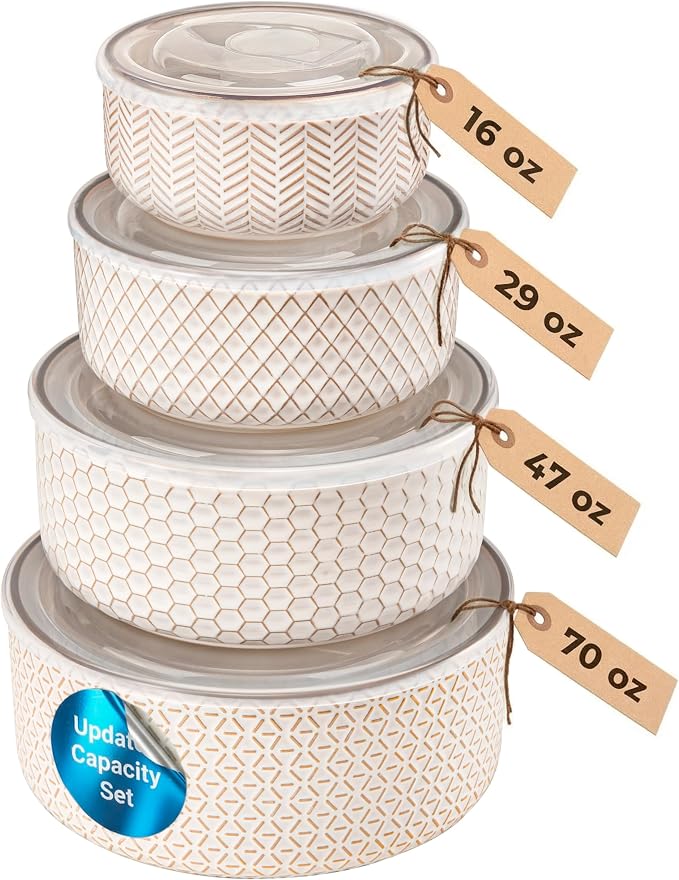 KooK Serving Bowls, with Lids, Ceramic Nesting Bowls, Set of 4, Embossed, Kitchen, Prep, Stackable, Gift, Microwave and Dishwasher Safe, 16/29/47/70 oz, Narbonne Collection (Ivory) by Kook