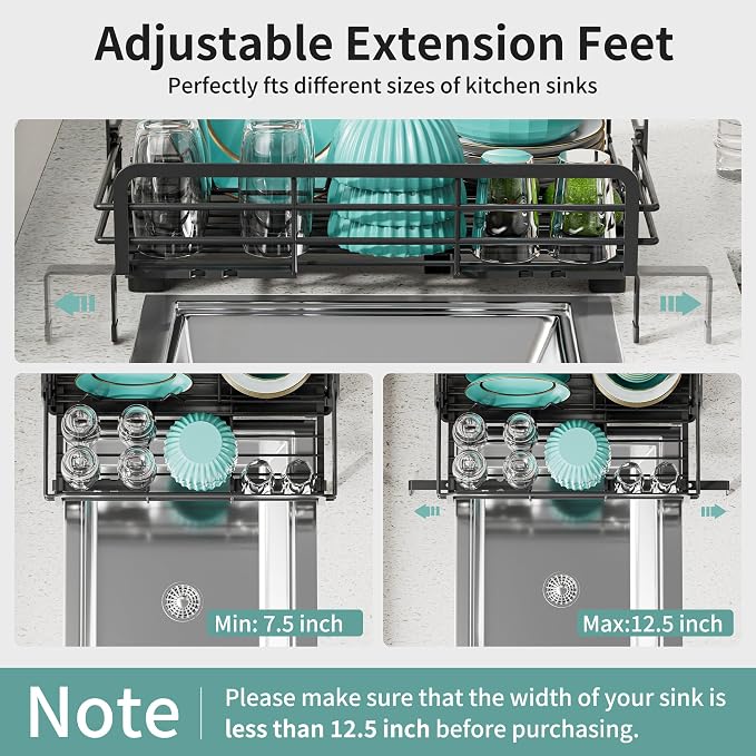 Small Dish Drying Rack - Extendable Dish Rack for Kitchen Counter, Rustproof Dish Drainers with Utensil Holder, Perfect for Apartments, RVs and Small Spaces,16.5" D x 7.5"-12.5" W x 6.5" H - Image 6