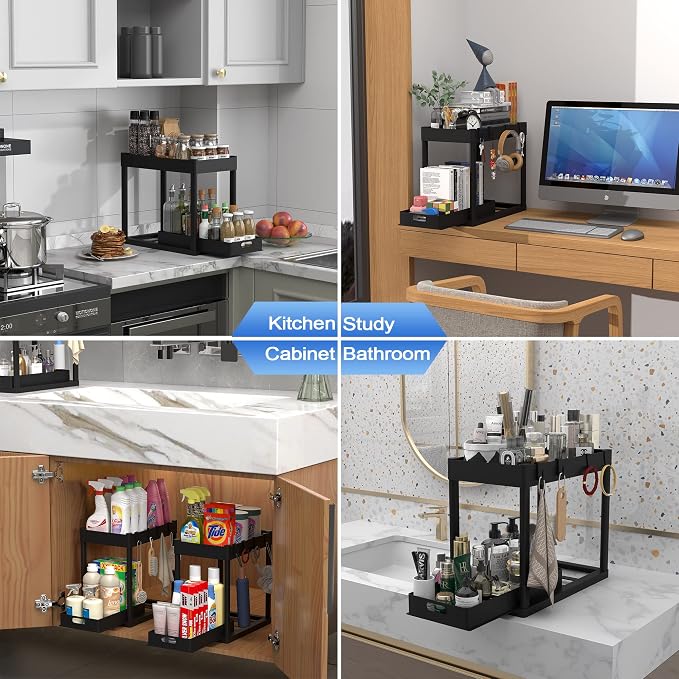 2pcs Under Sink Organizer Kitchen Bathroom Storage Cabinet 2 tier Sliding Drawer Counter Organization Shelf Storage Drawers Rack with Pull Out Basket and Hooks Black - Image 5