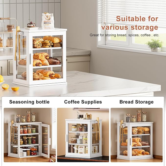 WOWLIVE Bread Box for Kitchen Countertop, 3 Layers Bread Storage Container | Large Bamboo Bread Bin for Homemade Bread with Window, Farmhouse Breadbox Organizer for Kitchen, Cabinet, White, Meduim - Image 6
