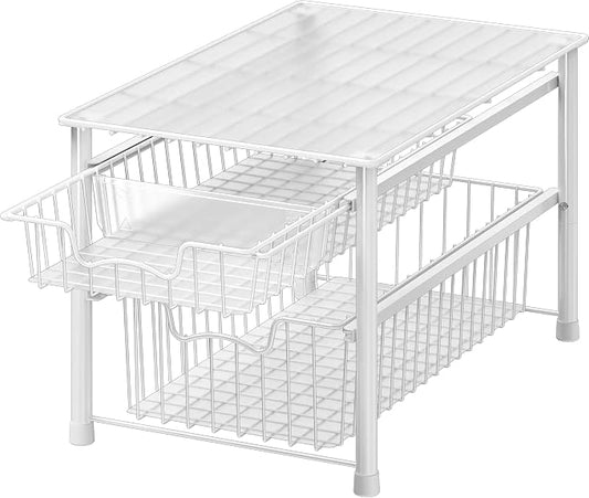 Simple Houseware Stackable Sliding Basket Organizer Drawer, White, 2-Tier by SimpleHouseware