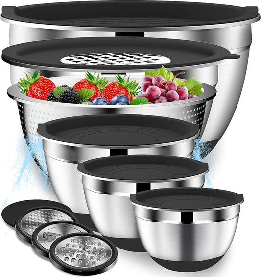 DUTZUN Kitchen Appliances, Large Mixing Bowls with Lids Set & Colander | 6.0 QT Stainless Steel Mixing Bowl with Strainer & Graters for Baking, Serving, Cooking, Prep, Salad by DUTZUN
