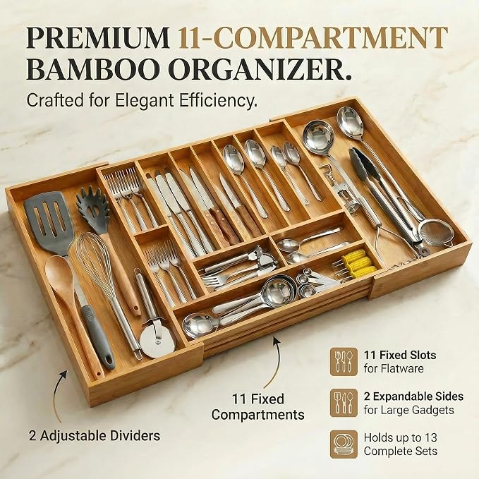 18.5"-33" Expandable Bamboo Silverware Utensil Drawer Organizer | 11-13 Deep Slots with Adjustable Dividers, Solid Bamboo Construction, Non-Slip Design - Image 3