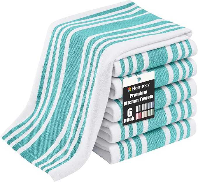 Homaxy Premium Cotton Stripe Kitchen Towels 6 Pack, 18"x 28", Teal | Large 380 GSM Kitchen Hand Towels, Soft Terry Dish Towels, Highly Absorbent Tea Towel Set with Hanging Loop by Homaxy