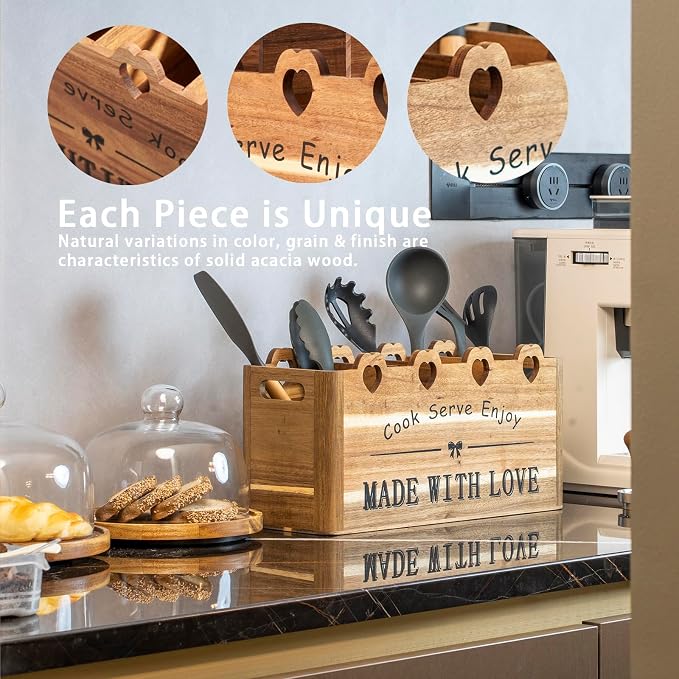 Kitchen Utensil Holder, Large Acacia Wood Organizer for Countertop | Extra Large Farmhouse Style with 4 Compartments, Rustic Wooden Storage for Cooking Tools & Cutlery - Image 7