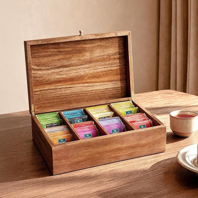 SARUFO Acacia Wood Tea Bag Organizers, Tea Packet Storage Boxes, 8-Compartment Tea Caddy for Tea Bags Chest, Teabag Holder Containers, Teabox Station Display by SARUFO