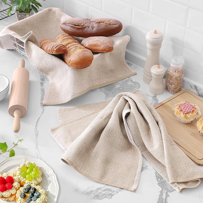 Homaxy 380 GSM Cotton Premium Kitchen Towels 6 Pack, 18"x 28", Khaki | Flat and Terry Dish Towels, Highly Absorbent Tea Towel Set with Hanging Loop, Soft Utility Kitchen Hand Towels - Image 6