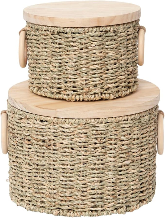 Woven Seagrass Storage Basket Set of 2 with Lids | Stackable Rectangular Baskets,Decorative Natural Storage for Organization, Home, Closet, Desktop & Shelves by QingtuHome