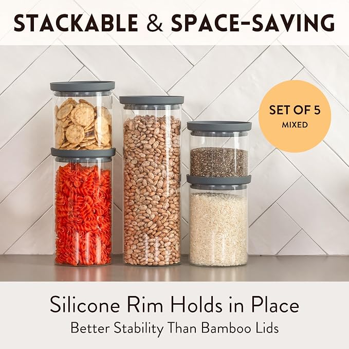 Glass Kitchen Storage Containers with Airtight Silicone Lids, BPA-Free Pantry Glass Jars with Airtight Lid for Pantry Meal Prep, Pasta and Food – Set of 5 with Portion Tool - Image 3