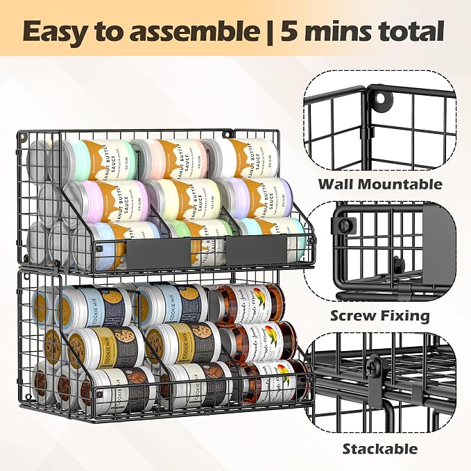 2 Pack Pantry Organizers and Storage Shelf Canned Food Organizer | Stackable, Metal Wire, 4 Adjustable Dividers, Holds 60+ Cans, Space-Saving, Can Goods Organizer, for Cabinet Kitchen - Image 3