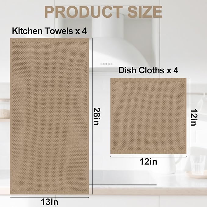 Homaxy 8 Pack 100% Cotton Kitchen Towels and Dishcloths Set, Tan | 12 x 12 Inches and 13 x 28 Inches Kitchen Towels Set, Ultra Soft Absorbent Dish Cloths for Washing Dishes - Image 4