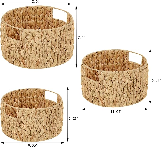 Wicker Storage Basket, Hand-Woven Water Hyacinth Large Round Woven Basket With Handles, Wicker Baskets for Organizing/Storage, 3-Pack - Image 2
