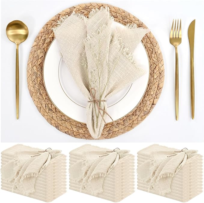 36 Pack Cotton Linen Napkins 16 x 16 Inch Linen Napkins Cloth Handmade with Fringe Soft Cloth Napkins Washable Rustic Dinner Napkins Cloth for Wedding Party Dinner Table(Natural) by ABKLESACH