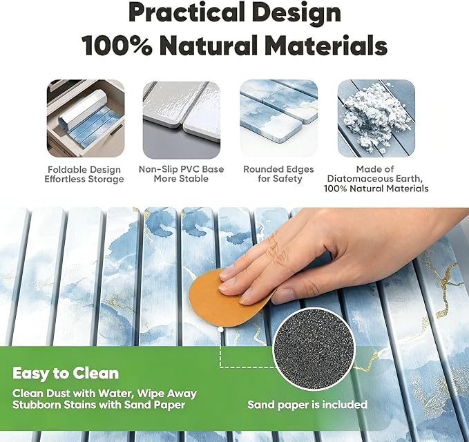 Stone Drying Mat for Kitchen Counter, Quick Diatomaceous Earth Mats for Dishes, 24"L x 16" W Super Absorbent Fast-Drying Collapsible Countertop Stone Mat (Marble White Blue, 24" x 16") - Image 4