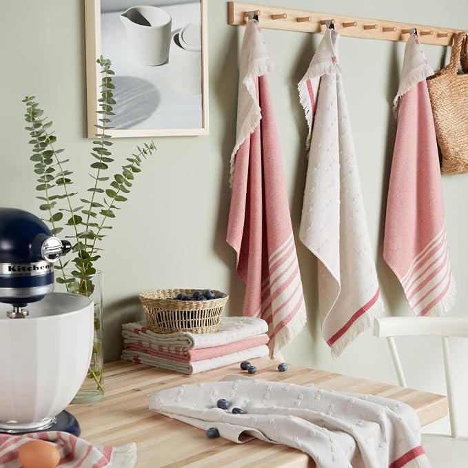 KitchenAid Vintage Stripe Kitchen Towels 8-Pack, Absorbent 100% Woven Cotton, Passion Red/Ivory, 17”x28” - Image 2