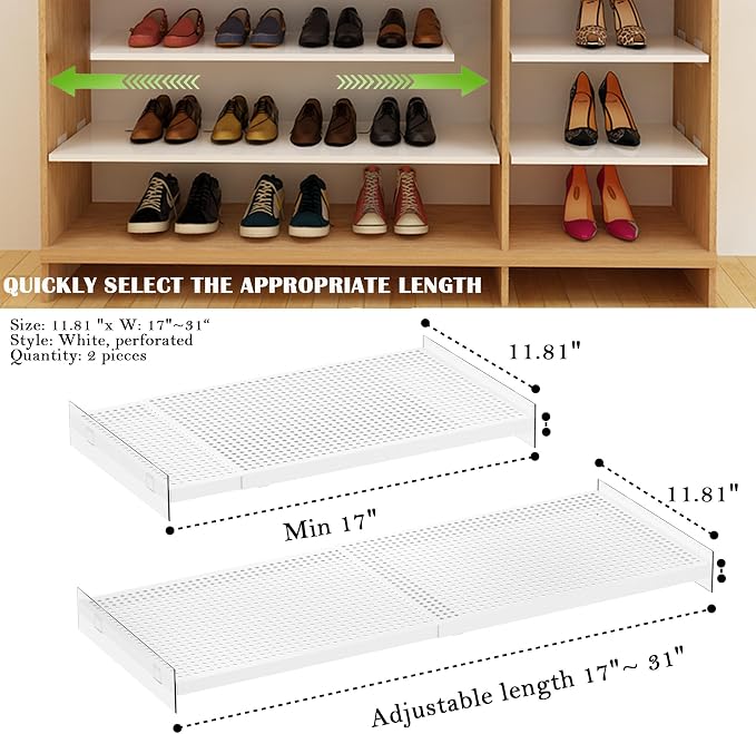 Expandable Closet Tension Shelves Organizers, Adjustable Shelf for Cabinet Rack Storage Wardrobe Divider Shelving for Pantry 2 Pack (Perforated White,W11.81 x L: 17" to 31") - Image 3
