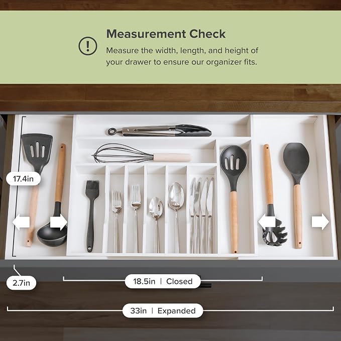 Silverware & Utensil Drawer Organizer, 18-33 in, White Bamboo | Cutlery, flatware, food-safe contract grade, kitchen drawer fit - Image 7