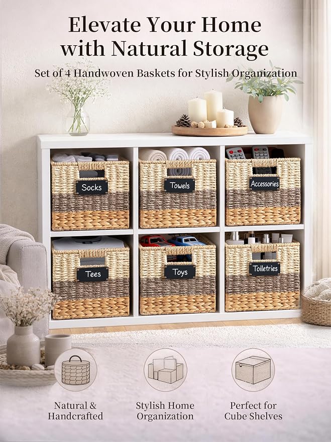 13 Inch Cube Storage Bins, 4 Pack Wicker Storage Baskets, Natural | Water Hyacinth Cubby Baskets, Square Handwoven Storage Bins, Foldable Shelf Baskets with Handles for Home, Organizer, decor - Image 2