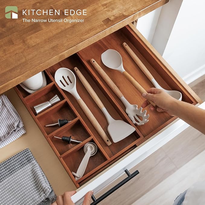 Utensil & Junk Drawer Organizer, 10.5-18.5 in, Acacia | Food-safe contract grade, 100% sustainable wood, non-slip, adjustable - Image 2