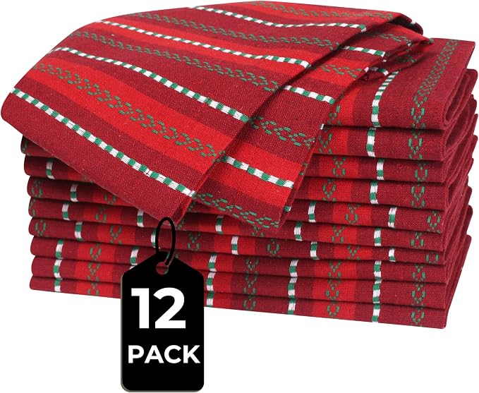 Bedding Craft Cotton Cloth Napkins Set of 12-18x18 Inch Machine Washable Dinner Napkins, Set of 12 Red Green Multi Salsa Stripe Napkins, Wedding Napkins, Cotton Cloth Napkins for Everyday Use - Image 2