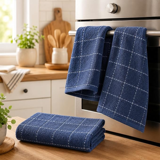 Kitinjoy 100% Cotton Terry Kitchen Towels, 13”x 28”, 6-Pack, Navy Blue | Checkered Designed, Ultra Soft Absorbent Quick Drying Dish Towels - Image 7