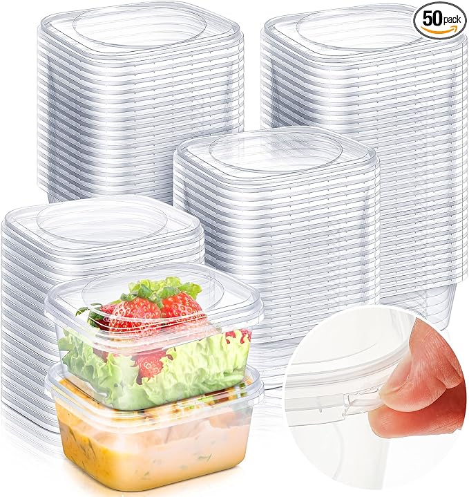 50 Pack 8 oz Deli Containers with Lids, Tamper Proof Leak Resistant Clear Plastic Food Storage Containers, Airtight Meal Prep Container for Soup Salad Tiramisu, Microwave & Dishwasher Safe by Yiyiring