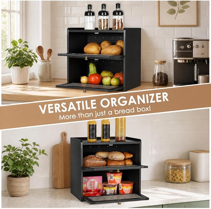 Sunhoo Bread Box for Kitchen Countertop, Large Pine Wood Breadbox, Black | Farmhouse Pantry Container, Double Layer Storage, Fresh Homemade Sourdough Bin, Vintage Textured Acrylic Door, Easy Assembly - Image 5