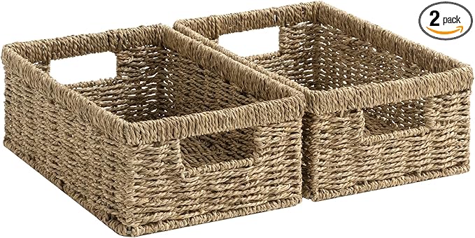 StorageWorks Wicker Baskets for Organizing,Seagrass Baskets for Decor,2Pack | Rectangle Wicker Baskets for Organizing, Wicker Storage Baskets for Shelves, Decorative Baskets,Seagrass Baskets with Handles by StorageWorks