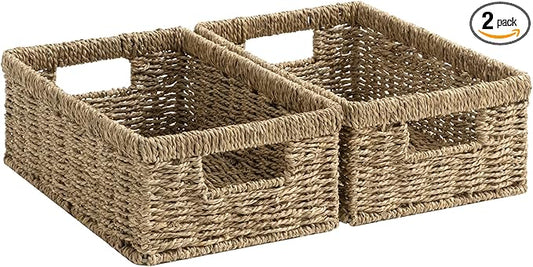 StorageWorks Wicker Baskets for Organizing,Seagrass Baskets for Decor,2Pack | Rectangle Wicker Baskets for Organizing, Wicker Storage Baskets for Shelves, Decorative Baskets,Seagrass Baskets with Handles by StorageWorks