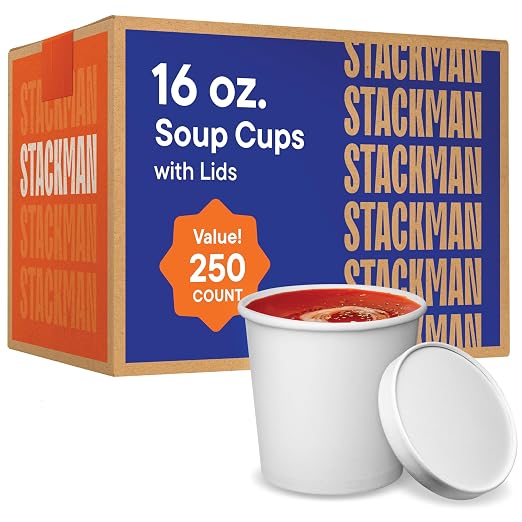 [16 oz. - 250 Sets] Paper Food Container with Lid, Insulated Food Cups with Vented Lids - Hot or Cold To Go Soup Cup, for Soups, Ice Cream and Yogurt - Eco-Friendly - White by StackMan