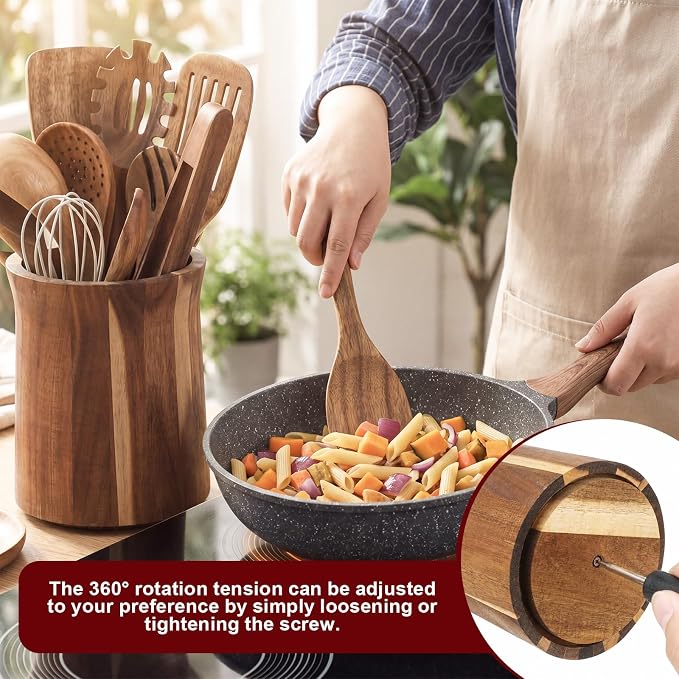SiliFine 11 Pcs Wooden Kitchen Utensils Set with 360° Trumpet Rotating Holder Acacia Wood Cooking Utensils with Holder Cooking Spoons Spatulas for Nonstick Cookware Countertop Kitchen (Natural) - Image 6