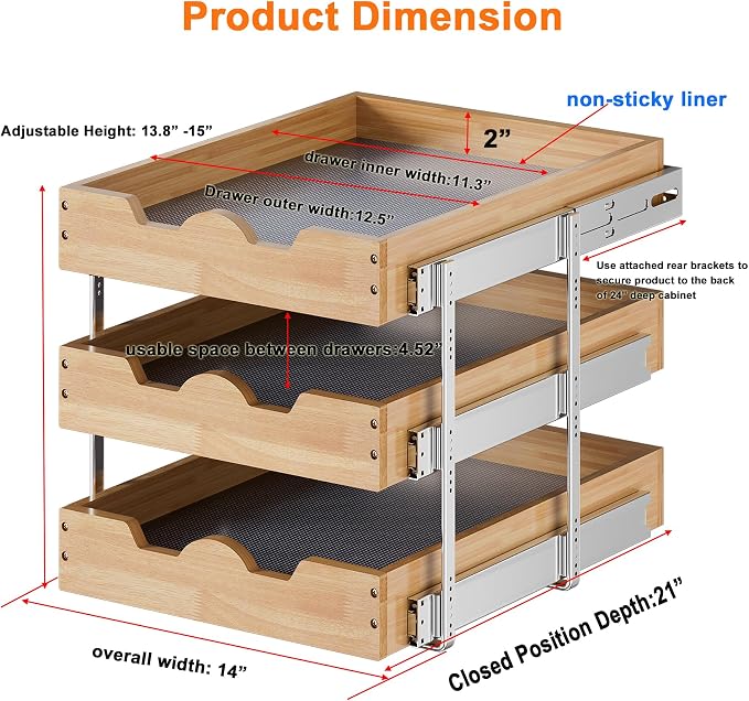 DINDON 3 Tier Pull Out Cabinet Organizer 14”W X21”D Slide Out Shelves With Shelf Liner for Kitchen Wood Roll Out Drawers Pantry Organization - Image 2