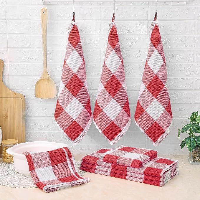 Homaxy Kitchen Towels and Dishcloths Set, Set of 12, White & Red | Bulk Cotton Waffle Weave Check Plaid Kitchen Towels, Super Soft and Absorbent Dish Cloths, 12 x 12 and 13 x 28 Inches - Image 2