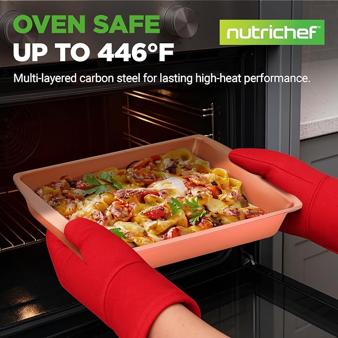 NutriChef 5‑Piece Non‑Stick Bakeware Set – Premium Carbon Steel Baking Pans Set with Silicone Handles, Stackable Oven Pan Set for Cookies, Sheet Cakes, & Roasting - Image 2
