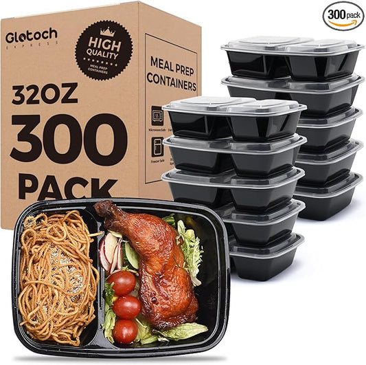 Glotoch Express 300 Pack 32 oz 2-Compartment Meal Prep Containers with Lids | Sturdy Leakproof Plastic Food Storage Containers for Lunch,Microwave,Freezer,Dishwasher Safe and BPA Free Takeout Containers by GlotochExpress
