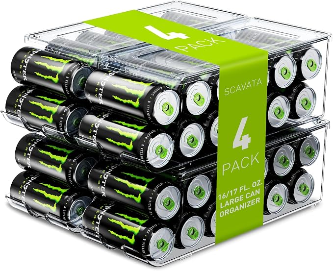 SCAVATA 4 Pack Tall Skinny Can Organizer for Refrigerator, Stackable Large Soda Cans of 16oz & 17oz Beverage Energy Drink Container Holder Dispenser with Lid for Fridge, Clear Storage Plastic Bins by Tidyyourlife