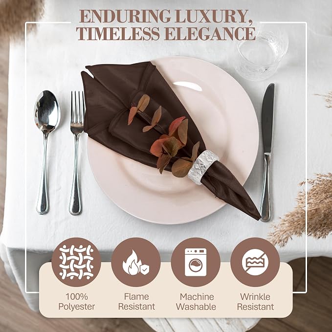 17x17-Inch Shantung Cloth Napkins, Chocolate, Set of 12 | Bulk Case of 1 Dozen, Satin, Square, 100% Polyester Fabric, Reversible, Faux Dupioni Silk Reverse Side, Machine Washable - Image 2