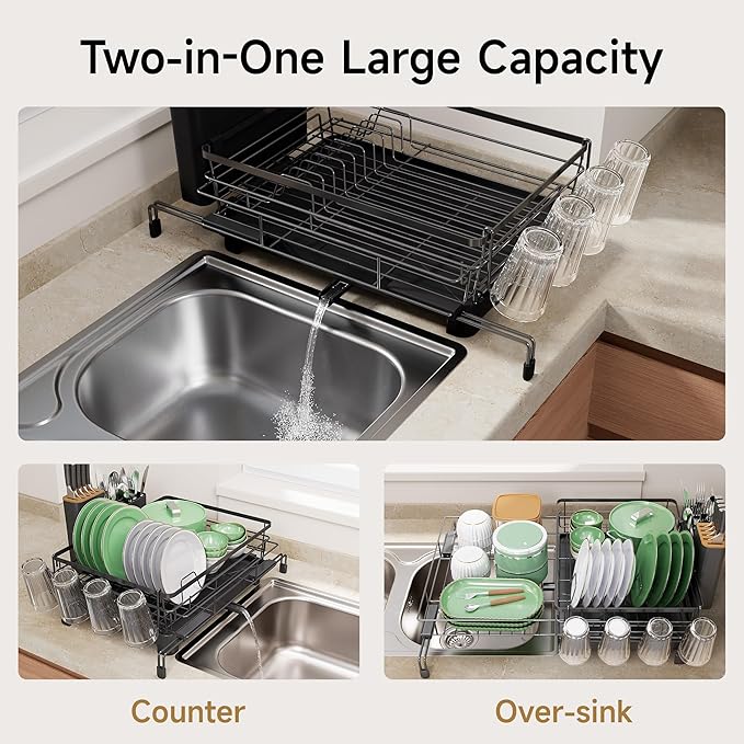 Runnatal Dish Drying Rack - Expandable Large Dish Rack Over Sink | Drying Dish Drainer for Kitchen Counter, Stainless Steel Dish Strainer with Utensil Holder & Cup Holder, Black - Image 3
