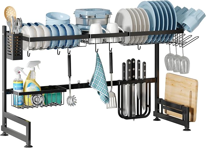 Over The Sink Dish Drying Rack with Utensil and Cup Holder | 2 Tier Stainless Steel,Expandable,Rust Proof Metal,Space Saving,Black Big Capacity Plate Drainer Above Kitchen Counter by Boosiny