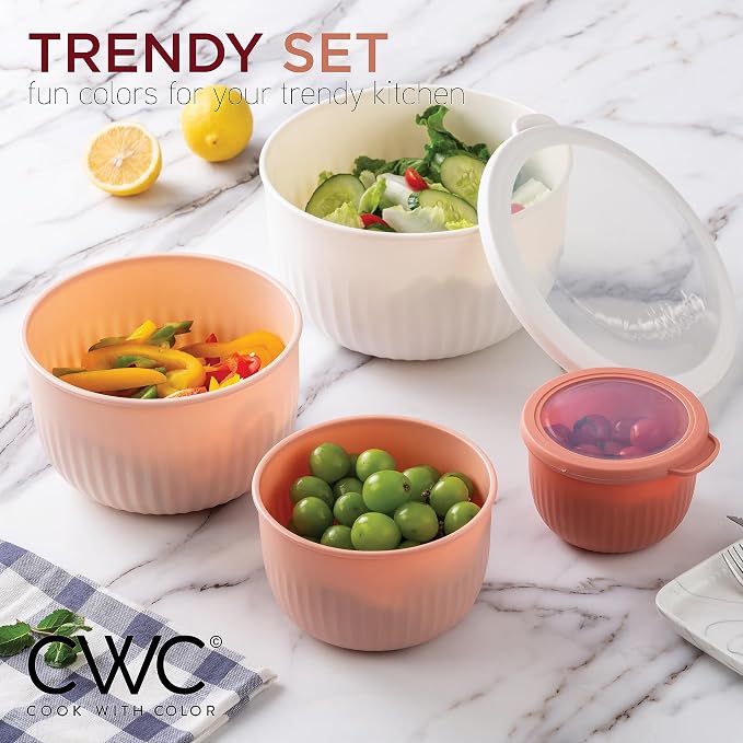 COOK WITH COLOR Prep Bowls with Lids- Wide and Deep Nesting Plastic Small Mixing Bowl Set with Lids, 12 Piece Set - Deep Bowls, Grey/Pink - Image 4