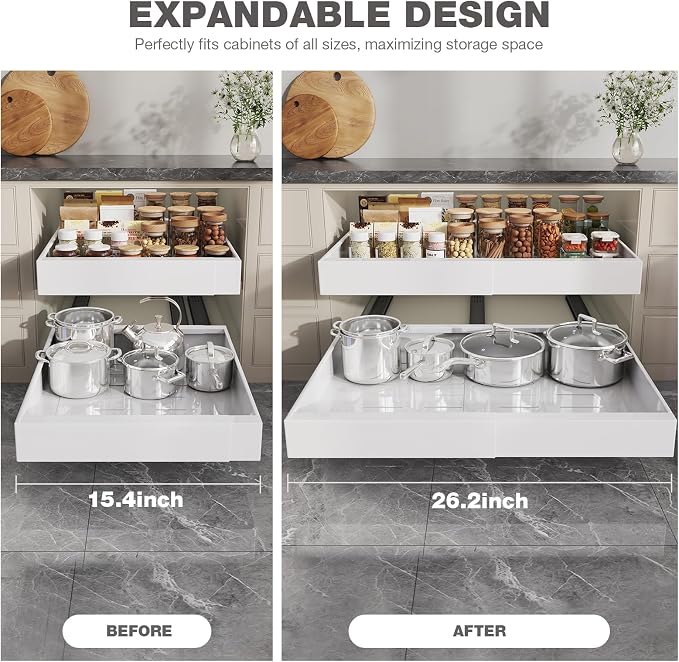 Seinloes 2 Pack Pull Out Cabinet Organizer 22" Deep,Full Extension 3 Slide Rails Slide Out Drawers With Raising Pad for Framed Cabinets,Expandable Width (15.4"-26.2"),No Drill Roll Out shelf,White - Image 7