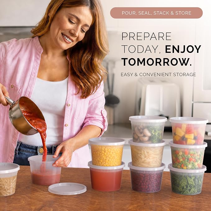 200 PACK (400 SETS) of 16 oz. Plastic Food Containers with Lids | Airtight, Microwave, Dishwasher, & Freezer Safe | Meal Prep, Disposable, Takeout Deli Soup Slime Round Food Storage Box - Image 4