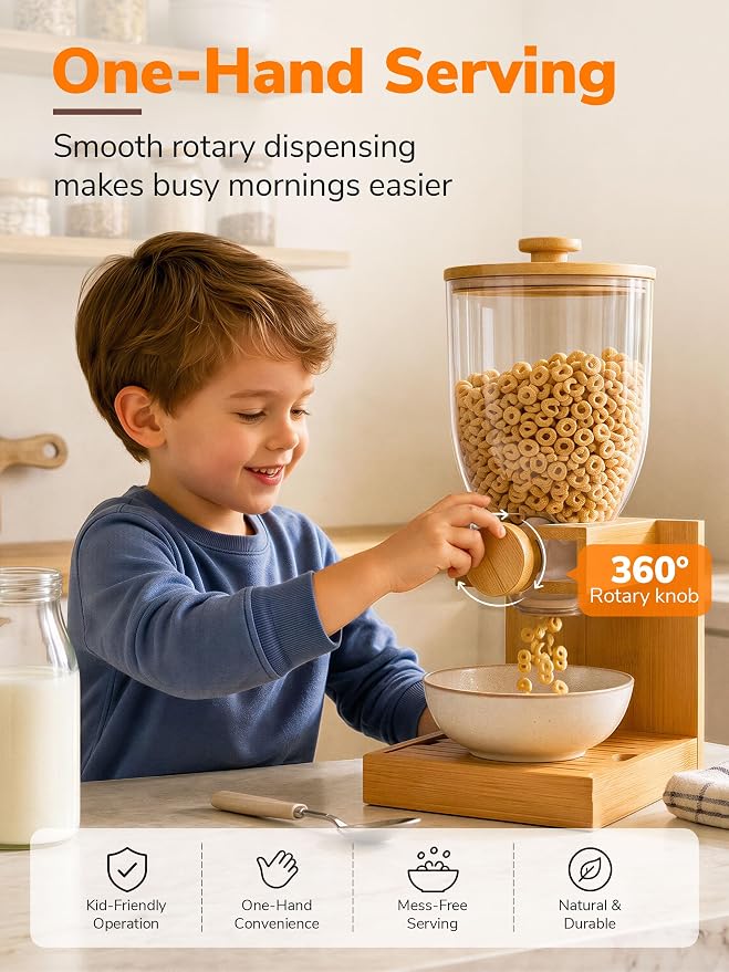 3.5L Large Capacity Cereal Dispenser Countertop, Bamboo Cereal Containers | Airtight, Natural Bamboo Base & Lid, Single Pack Dry Food Dispenser for Cereal, Grains, Nuts, Kitchen & Pantry - Image 4