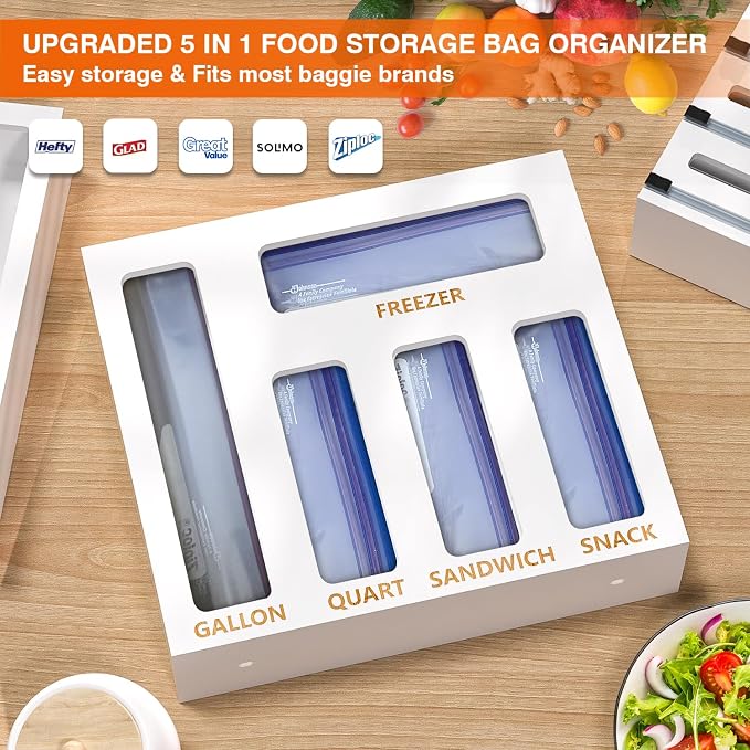 DALSHABET 9 IN1 Bamboo Storage Bag Drawer Organizer with Cutter, Foil and Plastic Wrap Dispenser for Kitchen Storage Compatible with All Brands Gallon, Quart, Sandwich & Snack Size Bags - White - Image 4