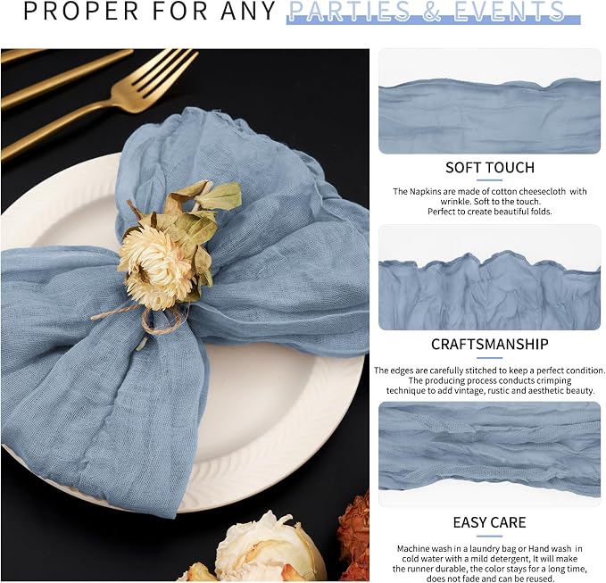 84 Packs Gauze Cheesecloth Napkins 20 x 20 Inch Dusty Blue Wrinkled Dinner Napkins, Rustic Boho Soft Cloth Napkin for Wedding Party Event Dinner Table Decoration - Image 3
