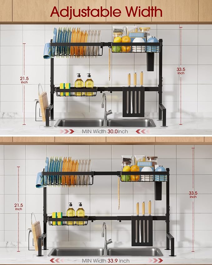 Sakugi Dish Drying Rack Over The Sink, Dish Drainer for Kitchen Counter | Stainless Steel Storage Organizer with Utensil Knife Holder & Hooks, Adjustable 11"D x 30.5"~34''W x 21.5" H, Black - Image 2