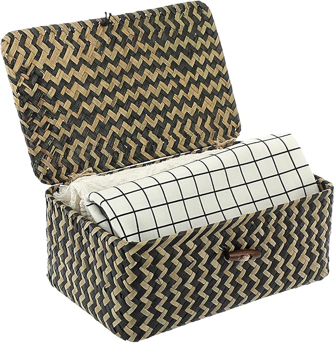 Hipiwe Seagrass Storage Baskets with Lid Woven Wicker Storage Bins for Organizing Natural Rectangular Home Organizer for Bedside Living Room Entryway Table,10.2" x 6.3" x 3.9" - Image 8