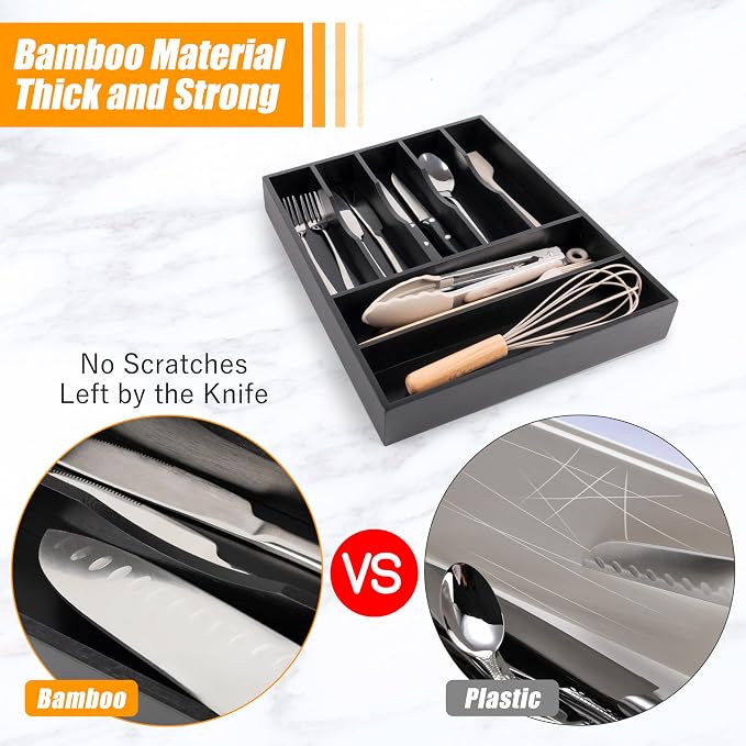 Bamboo Silverware Drawer Organizer, Utensil Kitchen Drawer Organizer, Utensil Holder Cutlery Tray with Grooved Drawer Dividers for Kitchen Utensils and Flatware Bedroom Office (7 Slot, Black) - Image 4