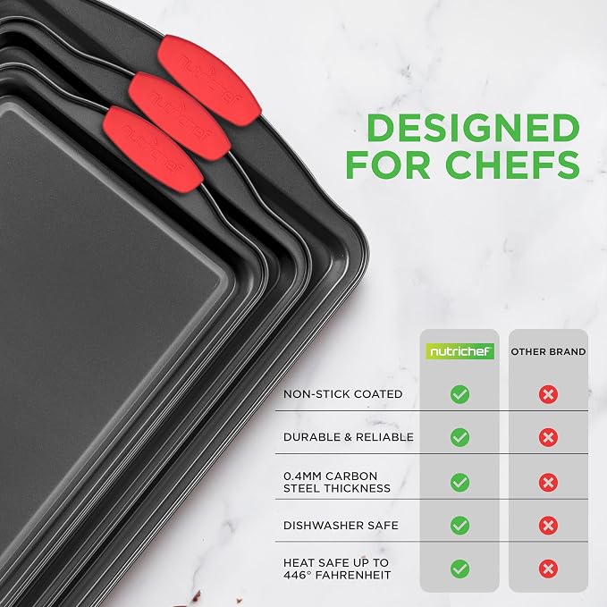 NutriChef Nonstick Baking Pans Set – Premium Cookie Sheets for Baking, Carbon Steel Stackable Baking Trays with Red Silicone Handles, Oven Safe Pans for Cookies, and Cakes, Dishwasher Safe (6 Pack) - Image 6